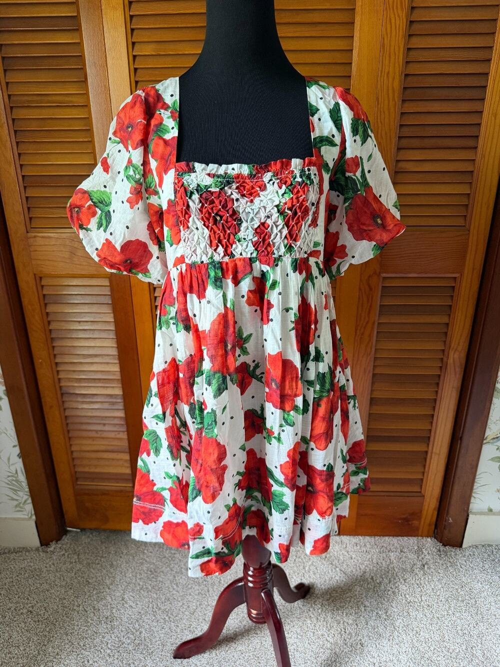 NWT MAEVE Anthropologie Red & White Floral Capped Sleeve Dress sz Small